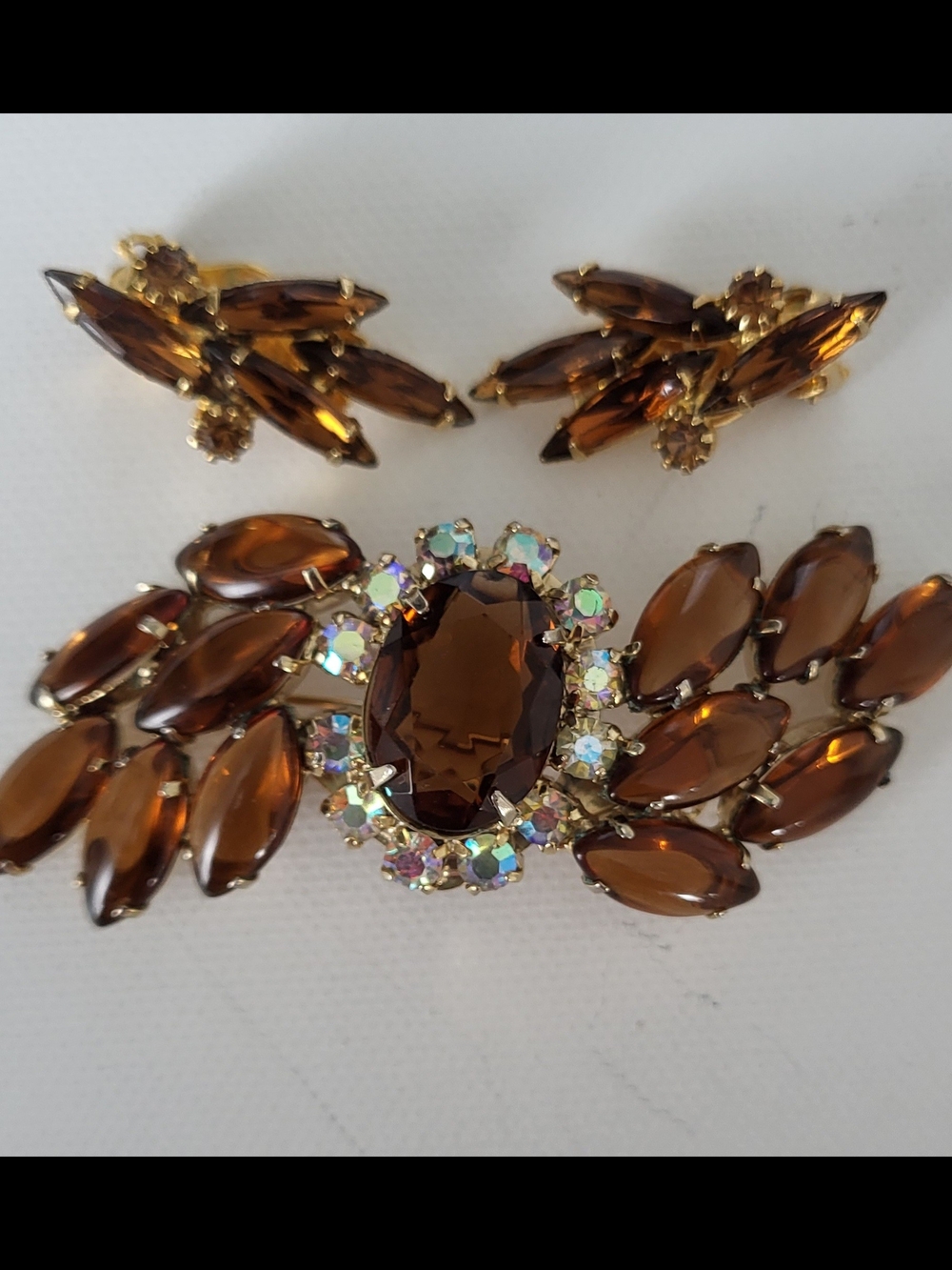 Vintage Amber Glass And AB Rhinestones Brooch and Earring Set